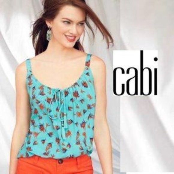 Women's Cabi # 5230 "Tassle Tank" Rayon Palm Leaf Print Aqua Blue/Red SM - Picture 2 of 11